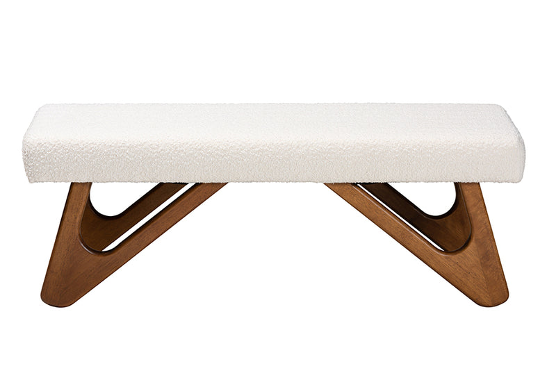 Soleil Japandi Cream Boucle Fabric and Walnut Brown Finished Wood Bench