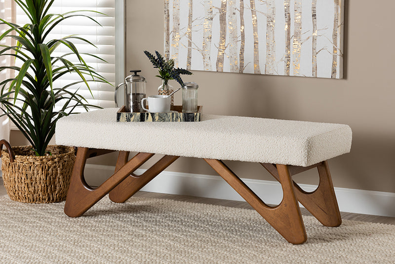 Soleil Japandi Cream Boucle Fabric and Walnut Brown Finished Wood Bench