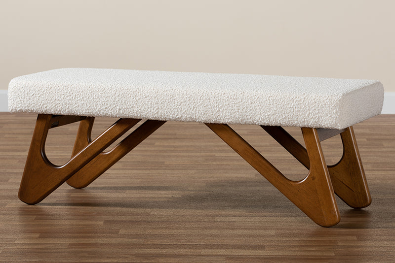 Soleil Japandi Cream Boucle Fabric and Walnut Brown Finished Wood Bench