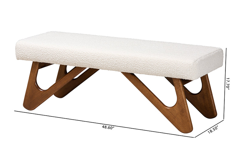 Soleil Japandi Cream Boucle Fabric and Walnut Brown Finished Wood Bench