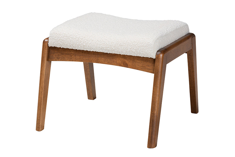 Sebastian Mid-Century Modern Off-White Boucle Upholstered and Walnut Brown Finished Wood Ottoman Footstool