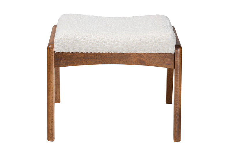 Sebastian Mid-Century Modern Off-White Boucle Upholstered and Walnut Brown Finished Wood Ottoman Footstool