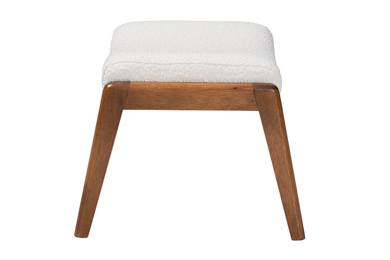 Sebastian Mid-Century Modern Off-White Boucle Upholstered and Walnut Brown Finished Wood Ottoman Footstool