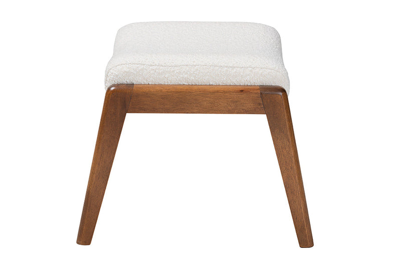 Sebastian Off-White Boucle Upholstered and Walnut Brown Ottoman Footstool Baxton