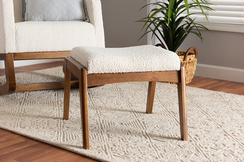 Sebastian Mid-Century Modern Off-White Boucle Upholstered and Walnut Brown Finished Wood Ottoman Footstool