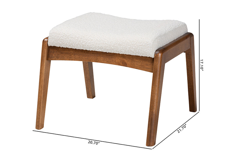 Sebastian Mid-Century Modern Off-White Boucle Upholstered and Walnut Brown Finished Wood Ottoman Footstool