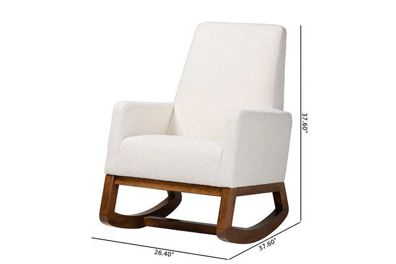 Roana Mid-Century Modern Off-White Boucle Upholstered and Walnut Brown Finished Wood Rocking Chair