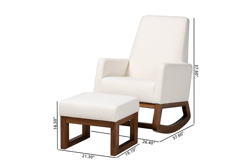 Roana Off-White Boucle Upholstered and Walnut Brown Finished 2-Piece Rocking Chair and Ottoman Set