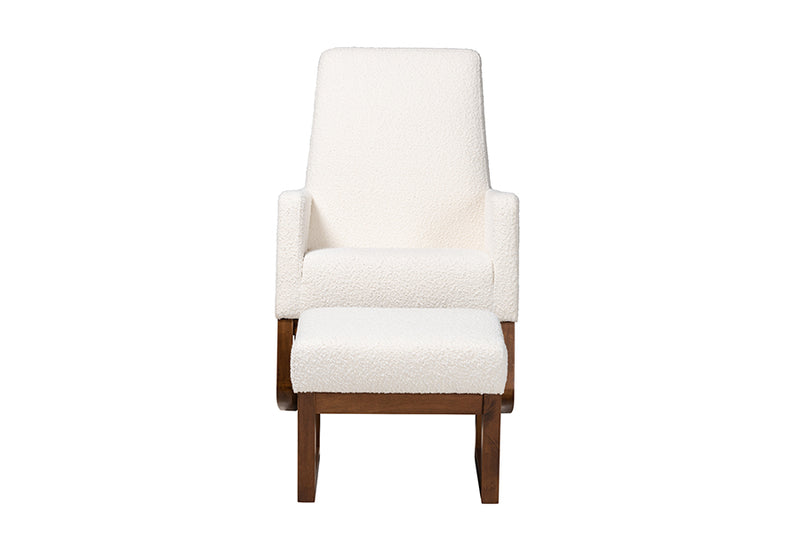 Roana Off-White Boucle Upholstered and Walnut Brown Finished 2-Piece Rocking Chair and Ottoman Set