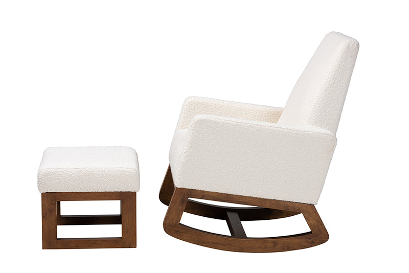 Roana Off-White Boucle Upholstered and Walnut Brown Finished 2-Piece Rocking Chair and Ottoman Set