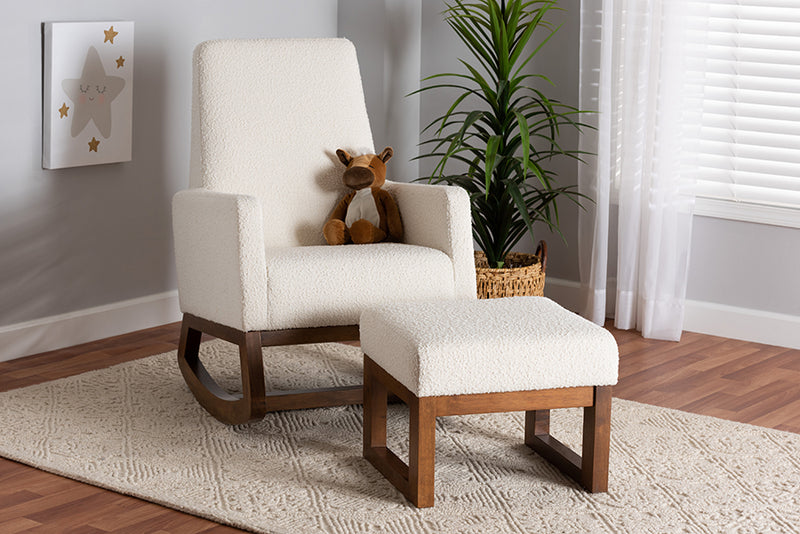 Roana Off-White Boucle Upholstered and Walnut Brown Finished 2-Piece Rocking Chair and Ottoman Set