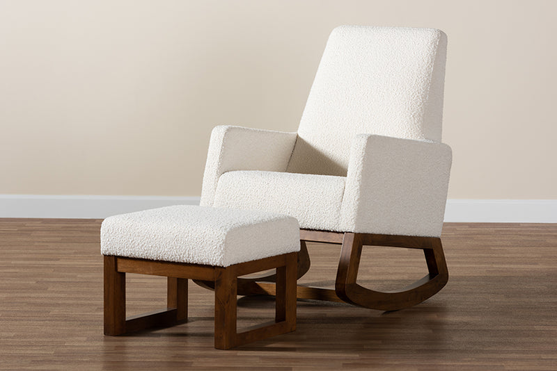 Roana Off-White Boucle Upholstered and Walnut Brown Finished 2-Piece Rocking Chair and Ottoman Set