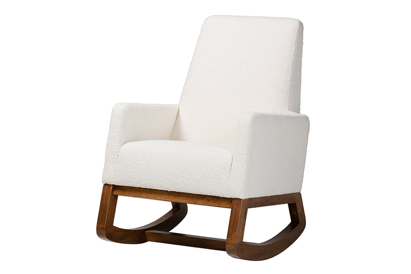 Roana Mid-Century Modern Off-White Boucle Upholstered and Walnut Brown Finished Wood Rocking Chair