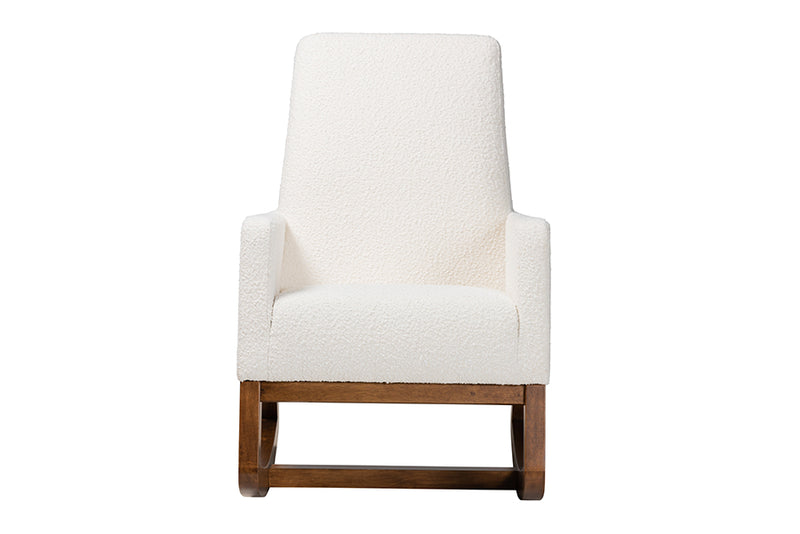 Roana Mid-Century Modern Off-White Boucle Upholstered and Walnut Brown Finished Wood Rocking Chair