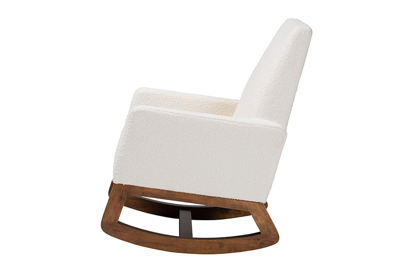 Roana Mid-Century Modern Off-White Boucle Upholstered and Walnut Brown Finished Wood Rocking Chair