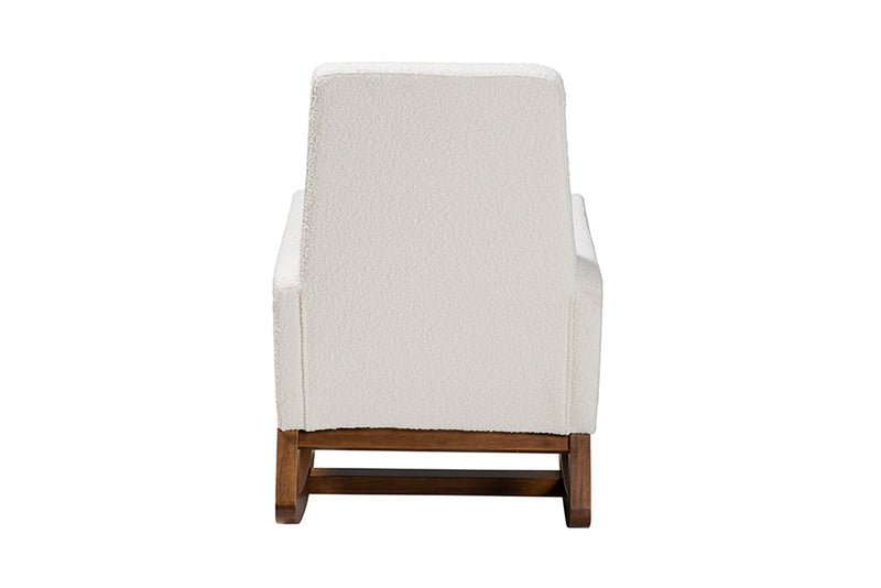 Roana Mid-Century Modern Off-White Boucle Upholstered and Walnut Brown Finished Wood Rocking Chair