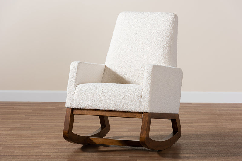 Roana Mid-Century Modern Off-White Boucle Upholstered and Walnut Brown Finished Wood Rocking Chair