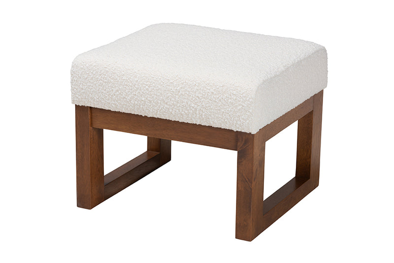 Roana Mid-Century Modern Off-White Boucle Upholstered and Walnut Brown Finished Wood Ottoman Footstool