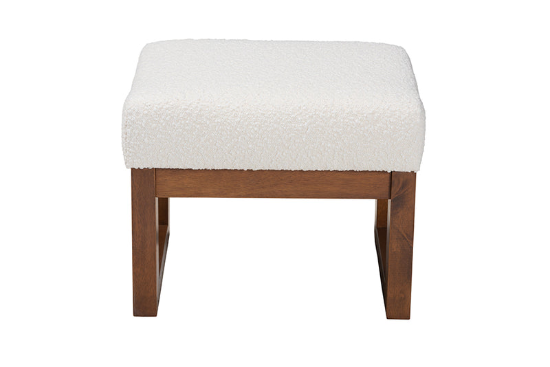 Roana Mid-Century Modern Off-White Boucle Upholstered and Walnut Brown Finished Wood Ottoman Footstool