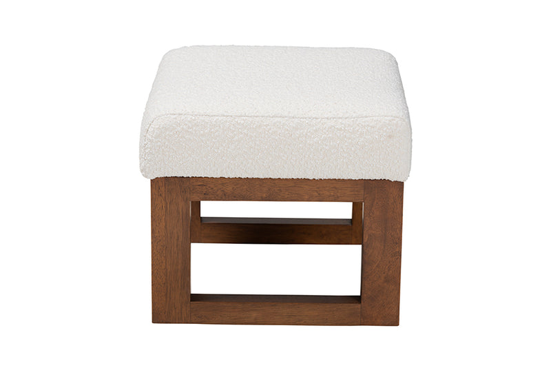 Roana Mid-Century Modern Off-White Boucle Upholstered and Walnut Brown Finished Wood Ottoman Footstool