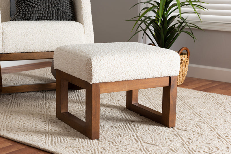 Roana Mid-Century Modern Off-White Boucle Upholstered and Walnut Brown Finished Wood Ottoman Footstool