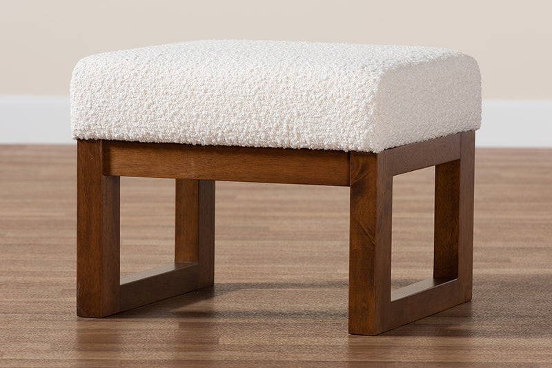 Roana Mid-Century Modern Off-White Boucle Upholstered and Walnut Brown Finished Wood Ottoman Footstool