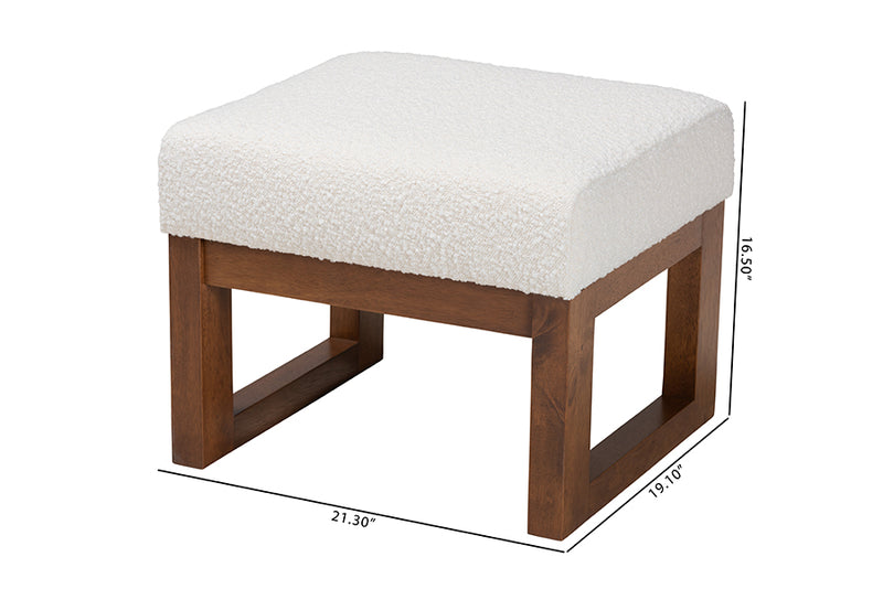 Roana Mid-Century Modern Off-White Boucle Upholstered and Walnut Brown Finished Wood Ottoman Footstool