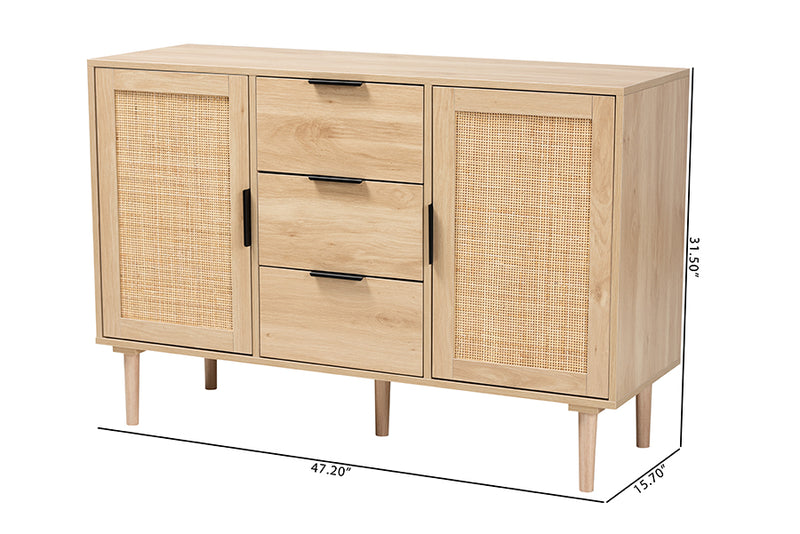 Osaka Mid-Century Modern Natural Brown Finished Wood and Natural Rattan 3-Drawer Sideboard