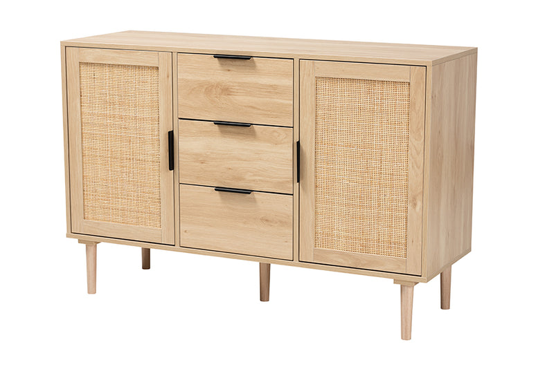 Osaka Mid-Century Modern Natural Brown Finished Wood and Natural Rattan 3-Drawer Sideboard