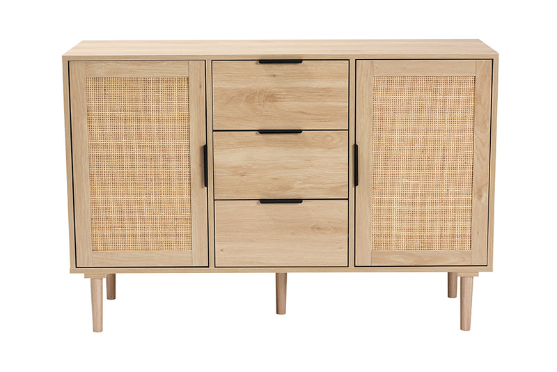 Osaka Mid-Century Modern Natural Brown Finished Wood and Natural Rattan 3-Drawer Sideboard