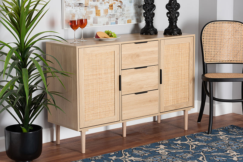 Osaka Mid-Century Modern Natural Brown Finished Wood and Natural Rattan 3-Drawer Sideboard