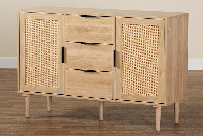 Osaka Mid-Century Modern Natural Brown Finished Wood and Natural Rattan 3-Drawer Sideboard