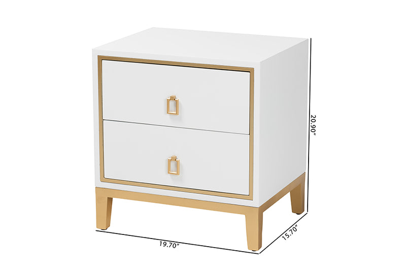 Belenus Modern Glam and Luxe White Finished Wood and Gold Metal 2-Drawer End Table