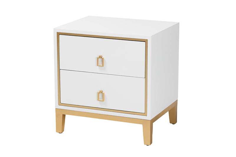 Belenus Modern Glam and Luxe White Finished Wood and Gold Metal 2-Drawer End Table