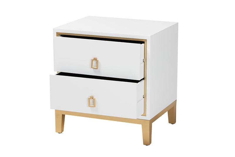 Belenus Modern Glam and Luxe White Finished Wood and Gold Metal 2-Drawer End Table