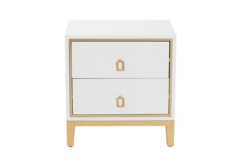 Belenus Modern Glam and Luxe White Finished Wood and Gold Metal 2-Drawer End Table