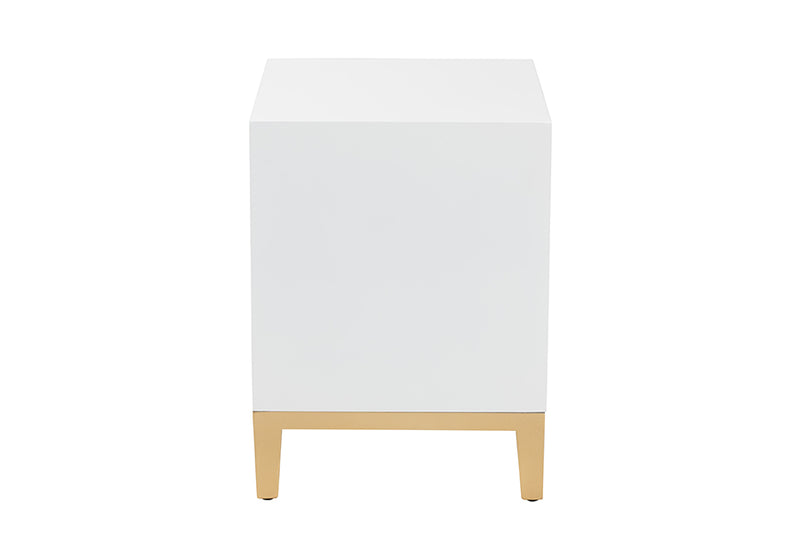 Belenus Modern Glam and Luxe White Finished Wood and Gold Metal 2-Drawer End Table