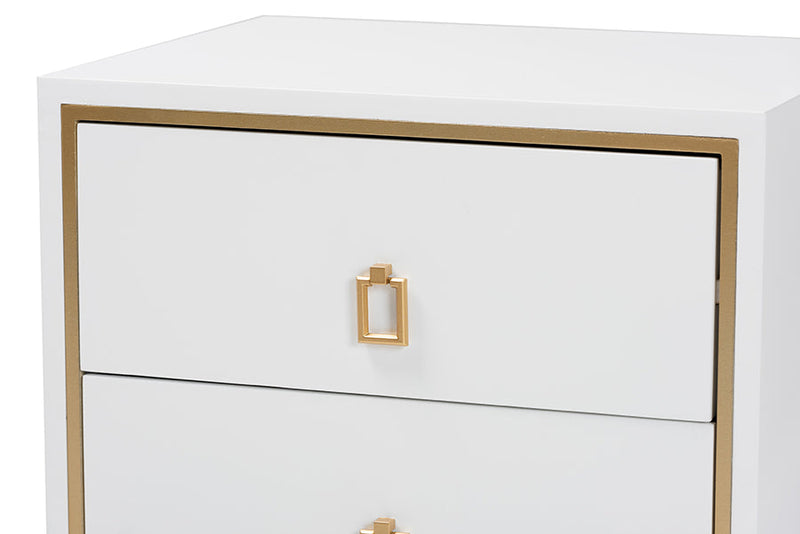 Belenus Modern White and Gold Metal 2-Drawer End Table Baxton