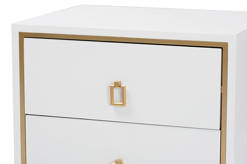 Belenus Modern Glam and Luxe White Finished Wood and Gold Metal 2-Drawer End Table