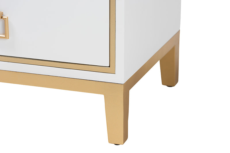 Belenus Modern Glam and Luxe White Finished Wood and Gold Metal 2-Drawer End Table