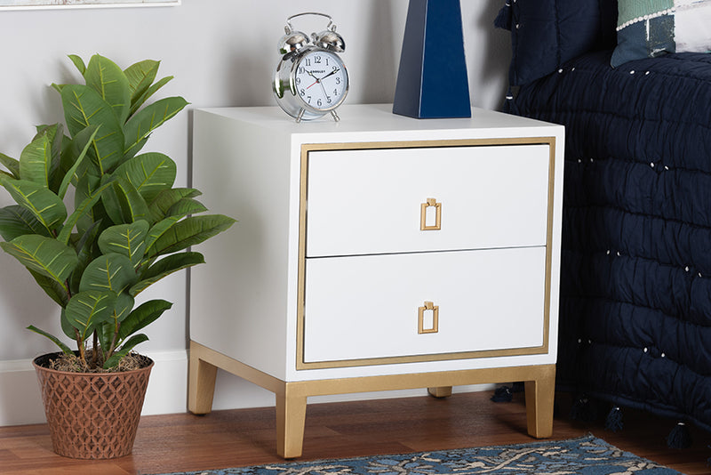 Belenus Modern Glam and Luxe White Finished Wood and Gold Metal 2-Drawer End Table