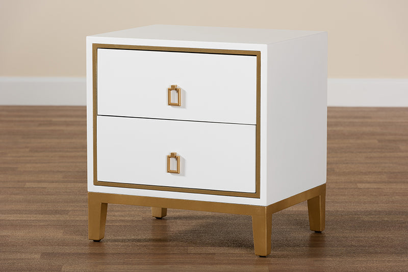 Belenus Modern Glam and Luxe White Finished Wood and Gold Metal 2-Drawer End Table