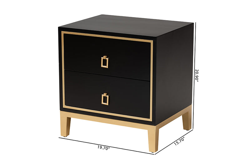 Belenus Modern Glam and Luxe Black Finished Wood and Gold Metal 2-Drawer End Table