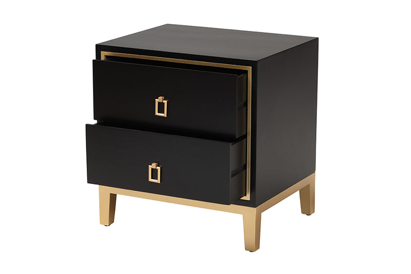 Belenus Modern Glam and Luxe Black Finished Wood and Gold Metal 2-Drawer End Table