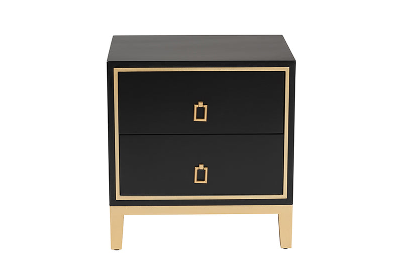 Belenus Modern Glam and Luxe Black Finished Wood and Gold Metal 2-Drawer End Table