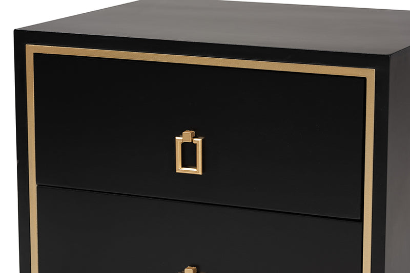 Belenus Modern Glam and Luxe Black Finished Wood and Gold Metal 2-Drawer End Table