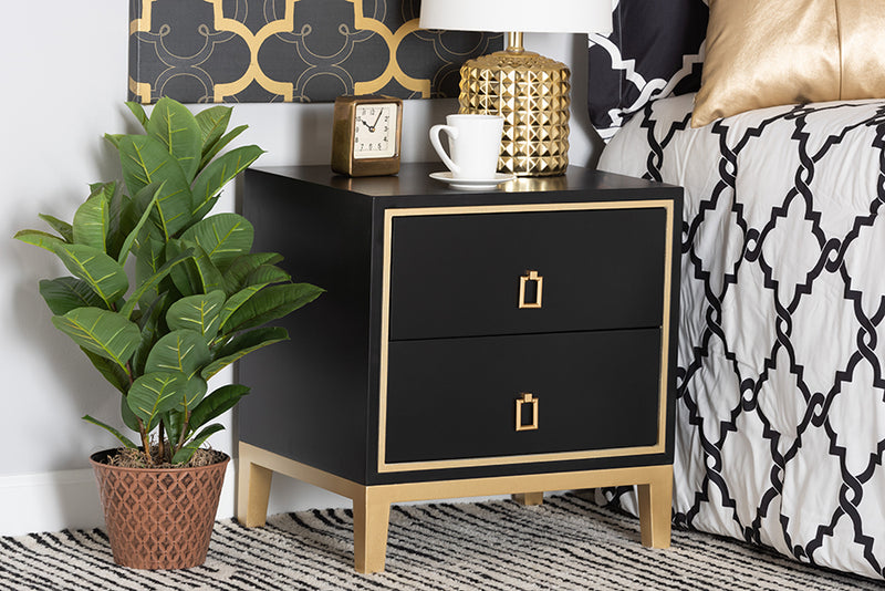 Belenus Modern Glam and Luxe Black Finished Wood and Gold Metal 2-Drawer End Table