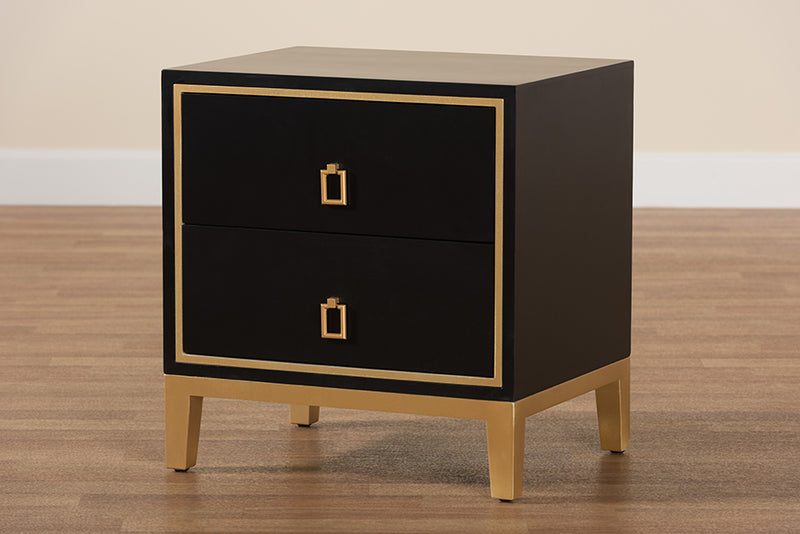 Belenus Modern Glam and Luxe Black Finished Wood and Gold Metal 2-Drawer End Table