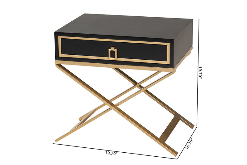 Ellery Modern Glam and Luxe Black Finished Wood and Gold Metal 1-Drawer End Table