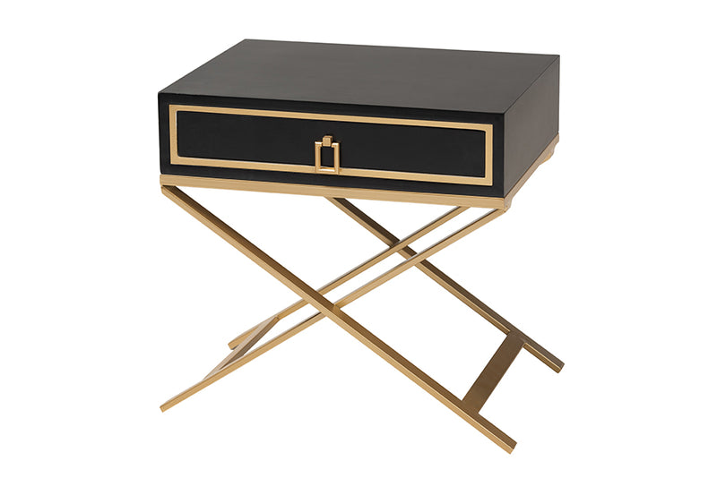 Ellery Modern Glam and Luxe Black Finished Wood and Gold Metal 1-Drawer End Table